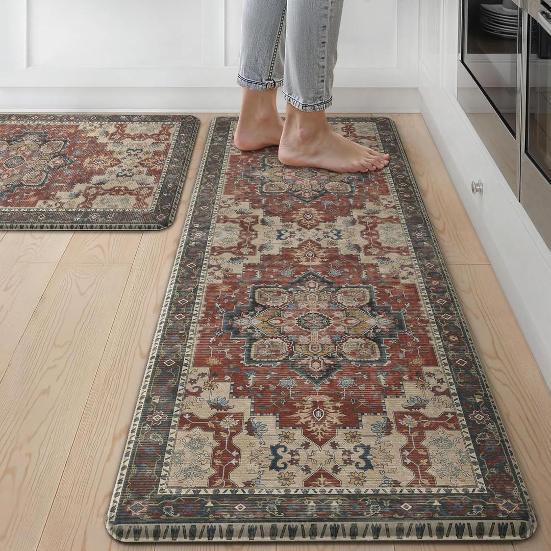 GENIMO Kitchen Mats for Floor 2PCs, Washable Anti Fatigue Mat for Cushioned, 17.3"x47"+17.3"x30", Waterproof Kitchen Rugs, Non Slip Comfort Standing Mat Rug for Home, Sink, Laundry, Bordeaux (17.3"x47"+17.3"x30"--0.4 inches, Bordeaux Red)