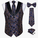 Men's Paisley Vest Necktie Bowtie Handkerchief Cufflinks Set For Business Wedding Waistcoat Dress, Size M
