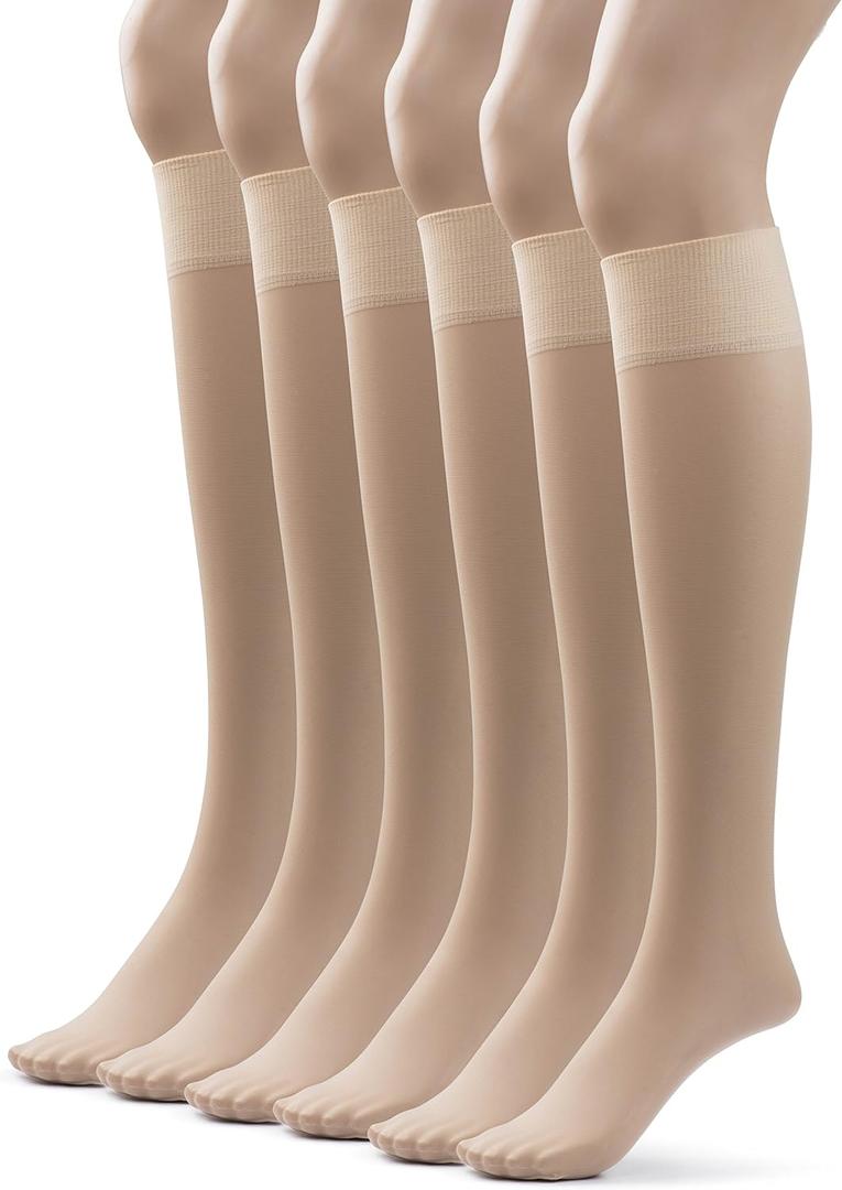 Silky Toes Sheer Knee High Stockings for Women, 6 Pairs Nylon Trouser Socks (One Size, Nude)