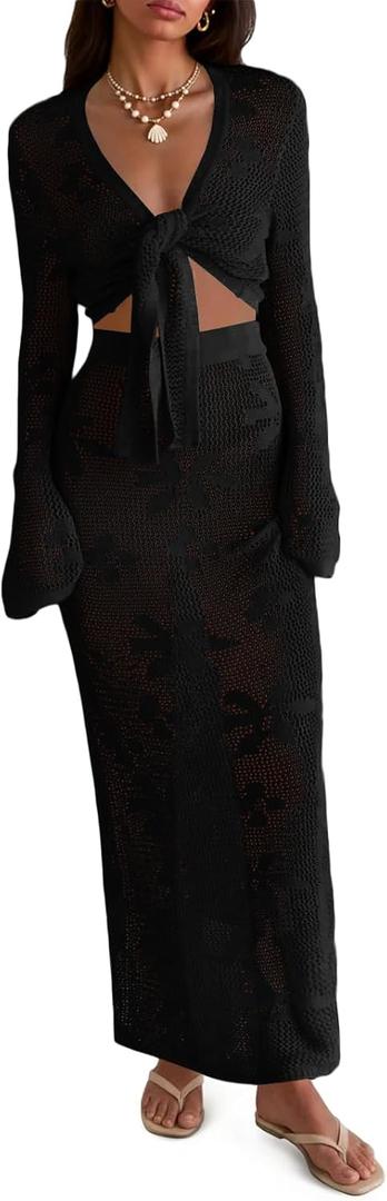 Saodimallsu Womens Crochet Swim Cover Up 2 Piece V Neck Long Sleeve Wrap Tie Crop Tops Beach Boho Maxi Coverup Set (Black), M