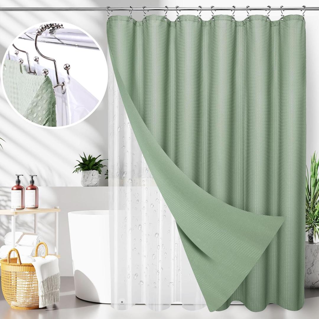 3 in 1 Waterproof Waffle Weave Shower Curtain and Clear Liner Set with 12 Stainless Steel Hooks Double Sided for Bathroom 72 Inches Heavy Duty Polyester Fabric Shower Curtains 72x72 (72"W x 72"L (Pack of 1), Green)