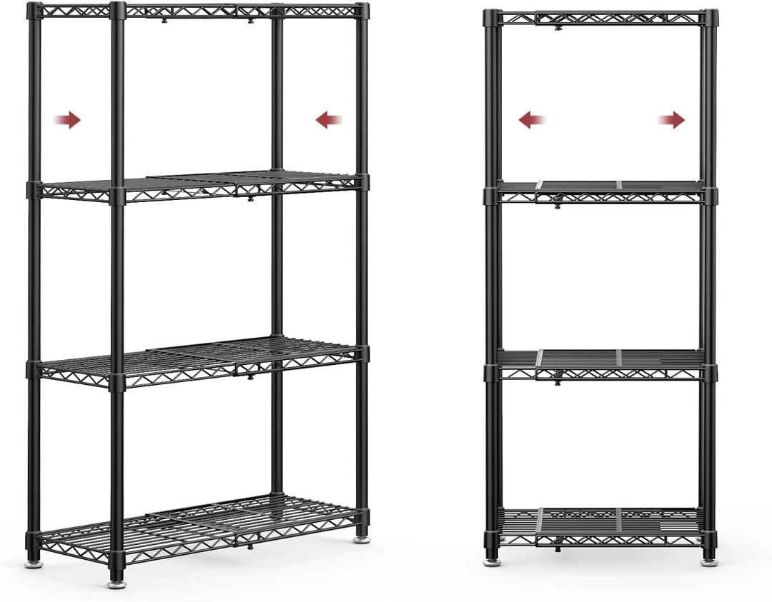 Storage Shelves - 4-Tier Width Expandable Shelf Organizer with Leveling Feet, Rust-Proof & Waterproof Wire Shelving Unit for Bedroom, Bathroom, Garage, 16.4"-27"11.8"45.5", Black