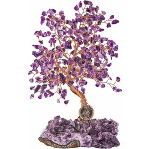 KARMA AND LUCK, Calming Spirit, Real Amethyst Crystal Feng Shui Tree of Life Home Decor, Wrapped in Copper on Crystal Base, 8"