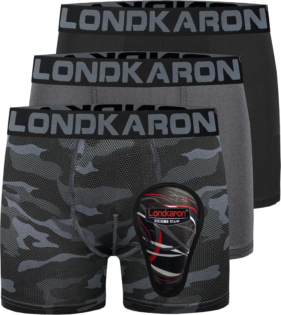 3-Pack Youth Boys Stretch Boxer Briefs w/Soft Protective Cup, Elite Boxer Jock for Baseball & Football (Black, M)