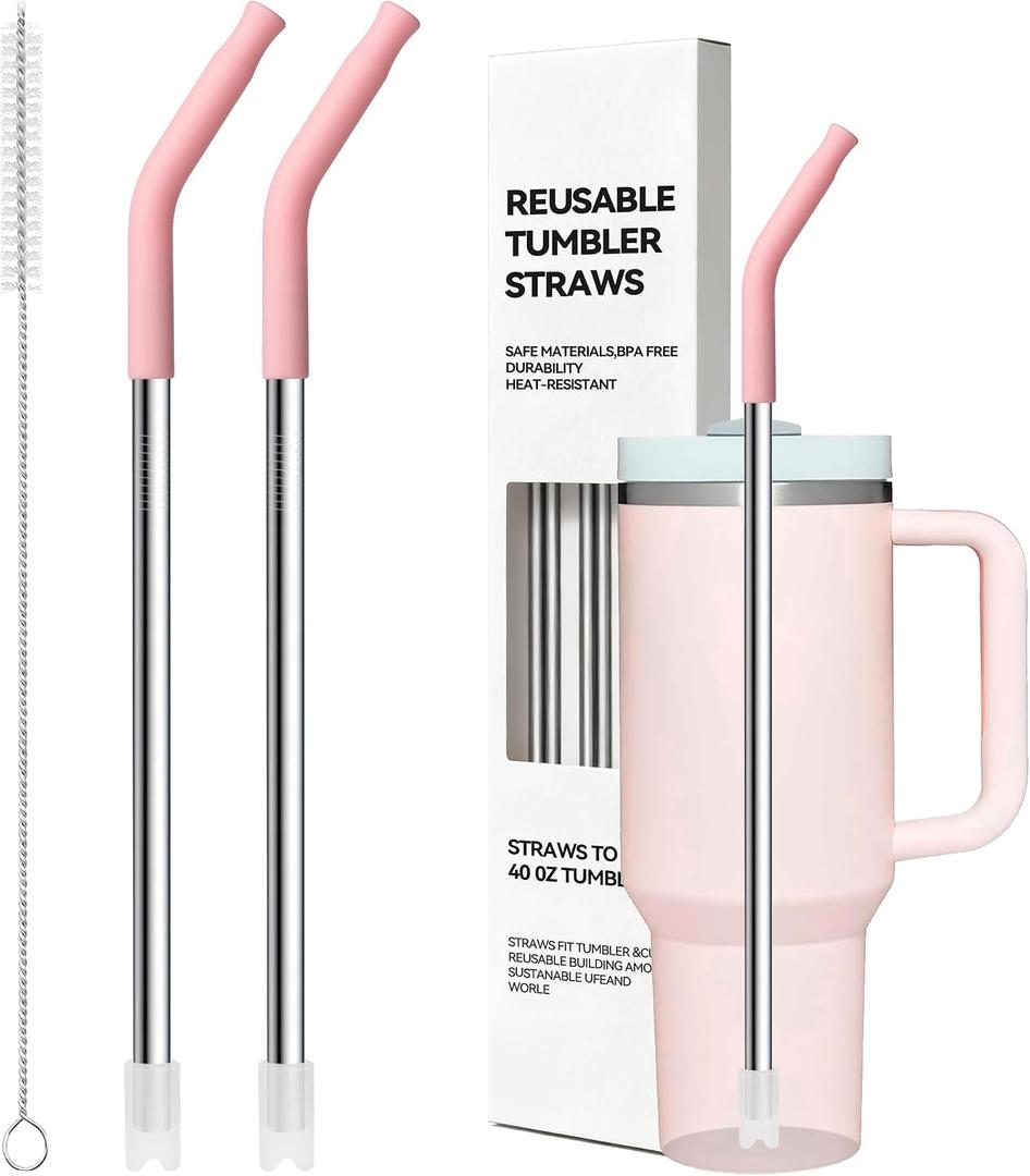 Metal Straws With Silicone Tip For Stanley 40 oz Tumbler,Long Stainless Steel Straws Replacement for Stanley Quencher H1.0 H2.0 40oz Cups,Reusable Dishwasher Safe Fit Simple Modern&Big Size Cups Pink