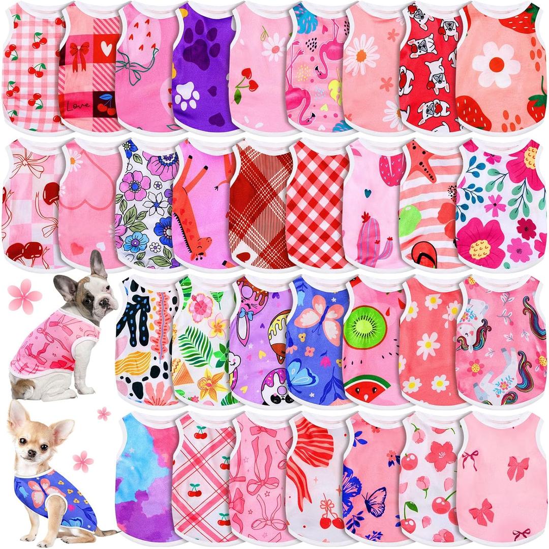 Yaomiao 32 Pack Summer Small Dogs Clothes Puppy Shirts Bulk, Breathable Sleeveless Pet T-Shirts, Cute Hawaiian Dog Clothes for Boy & Girl Dogs, Vest Apparel for Puppies Cats(Pink Series,Xs)