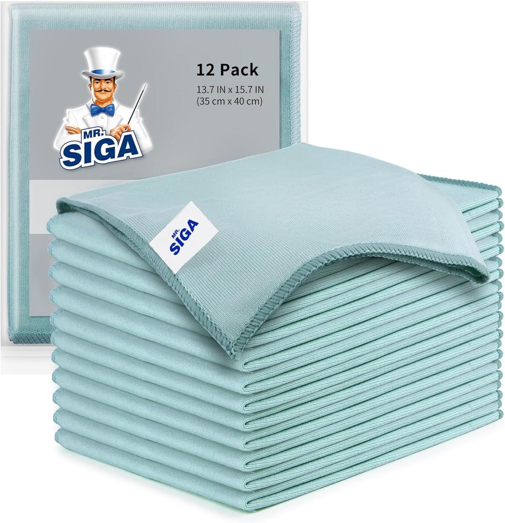 MR.SIGA Ultra Fine Microfiber Cloths for Glass, Pack of 12, 35 x 40cm 13.7" x 15.7" (Green)