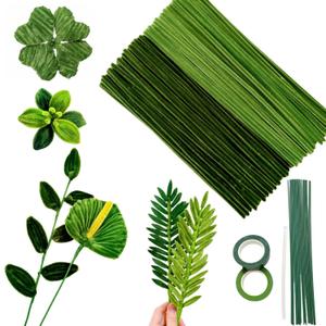 200 pcs Green Pipe Cleaners(Dark & Light) and 20 Green Foral Wires,2 Gardening Tapes,hot Glue Stick,Pipe Cleaners for Crafts,Flower Making kit,Pipe Cleaner Flowers