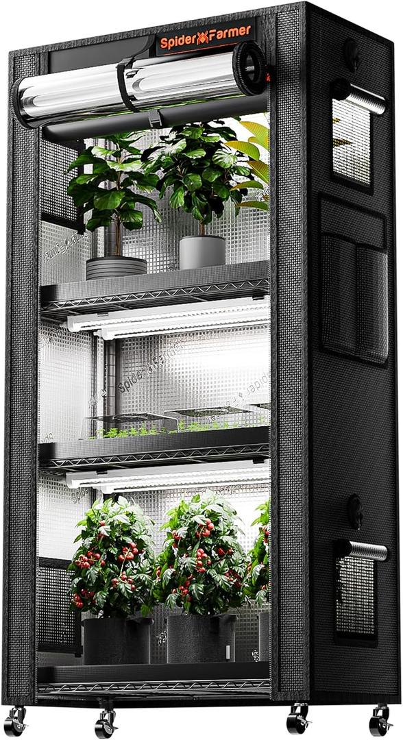 Spider Farmer 2026 Plant Stand with Grow Lights, 4-Tier Plant Shelf with 6Pcs 2ft Full Spectrum LED Lamp and Grow Tent, for Veg Seed Starting Plants Growth Greenhouse 28Lx14Dx59H (Update)