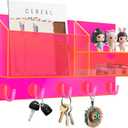 Acrylic Key Holder Wall Mount Mail Organizer for Wall with Shelf Storage Drawer and 5 Hooks, Neon Pink