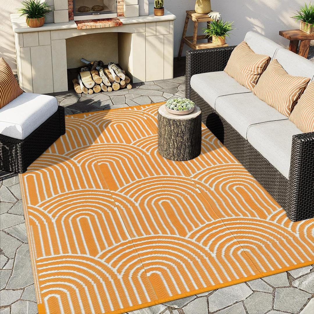 Anidaroel Rainbow Patio Rugs Outdoor 8X10 Waterproof, Reversible Camping Rug for Outside RV, Portable Plastic Straw Outdoor Area Rug for Backyard, Garden, Pool Deck (Orange, 8X10')