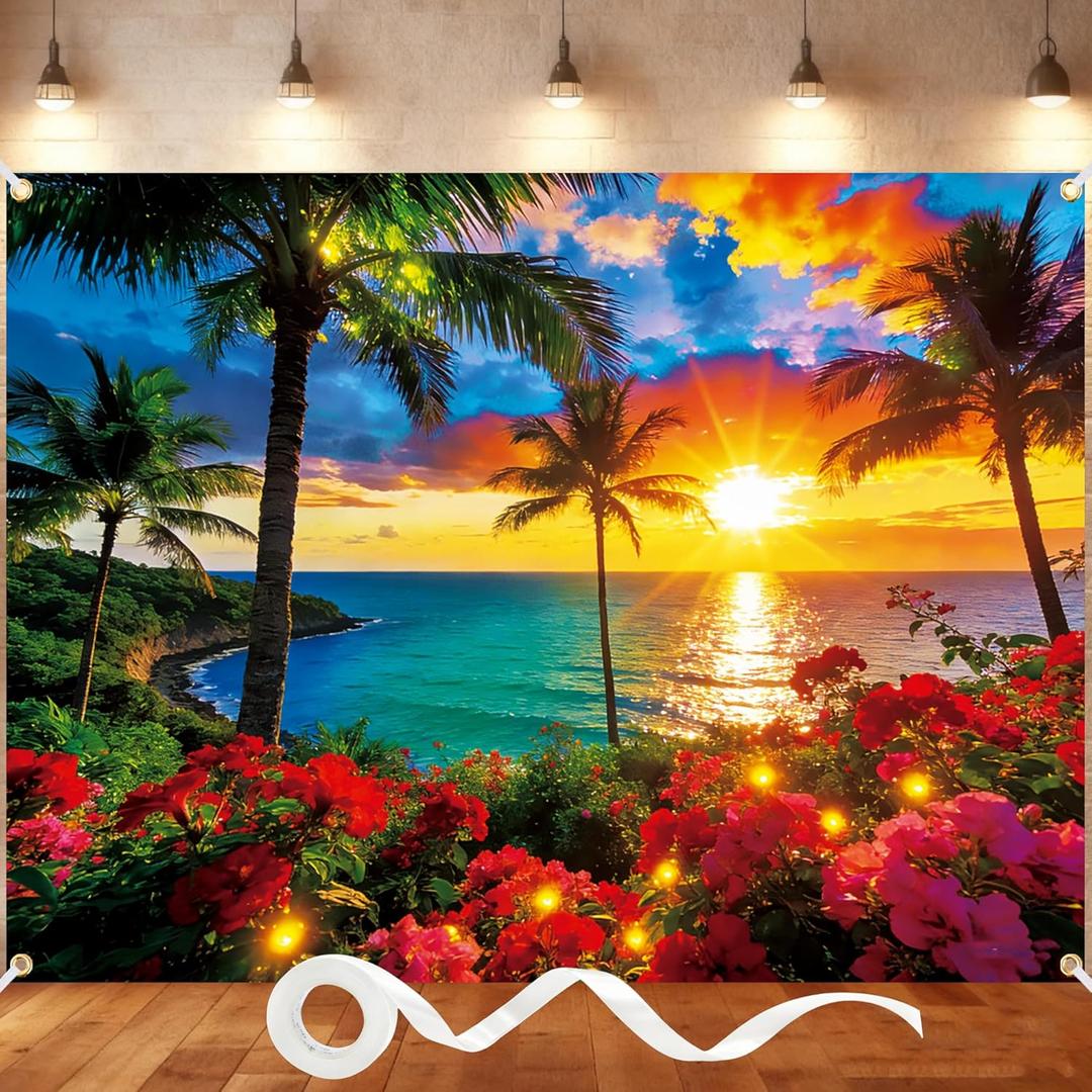 Sunset Beach Backdrop Banner 8x6FT, Large Tropical Backdrop with Ribbon & 4 Brass Grommets, Polyester Beach Photo Background for Summer Party, Luau, Photography
