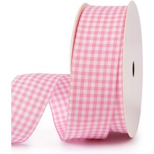 VIVIQUEN Gingham Ribbon Checkered Ribbon 1-Inch Wide Taffeta Plaid Ribbon 25 Yard Long 100% Polyester Woven Edge (Baby Pink, 1 Inch)