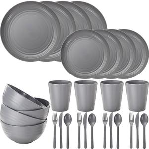 LIYH 28 Pcs Dark Grey Plates and Bowls Dinnerware Sets, Dish Set for 4, Unbreakable Reusable Plate, Wheat Straw Plates and Bowls Apply to Kitchen & Camping (Gray)