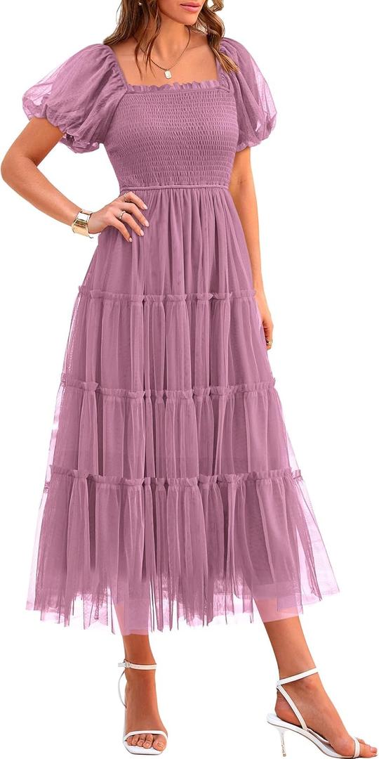 PRETTYGARDEN Women's Smocked Midi Tulle Dress 2026 Summer Puffy Short Sleeve Square Neck Ruffle Wedding Guest Party Dresses (Grey Purple, Small)