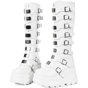 CELNEPHO Womens Wedge Platform Knee High Boots High Heel Round-Toe Zip Punk Goth Mid Calf Combat Boots For Women (7)
