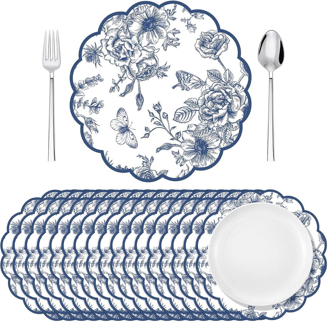Supervitae 60 Pieces Blue Floral Paper Placemats Chinoiserie Place Mats 13.5 Inch Scalloped Blue Flower Disposable Placemats for Dinner Table Wedding Baby Shower Birthday Party Supplies