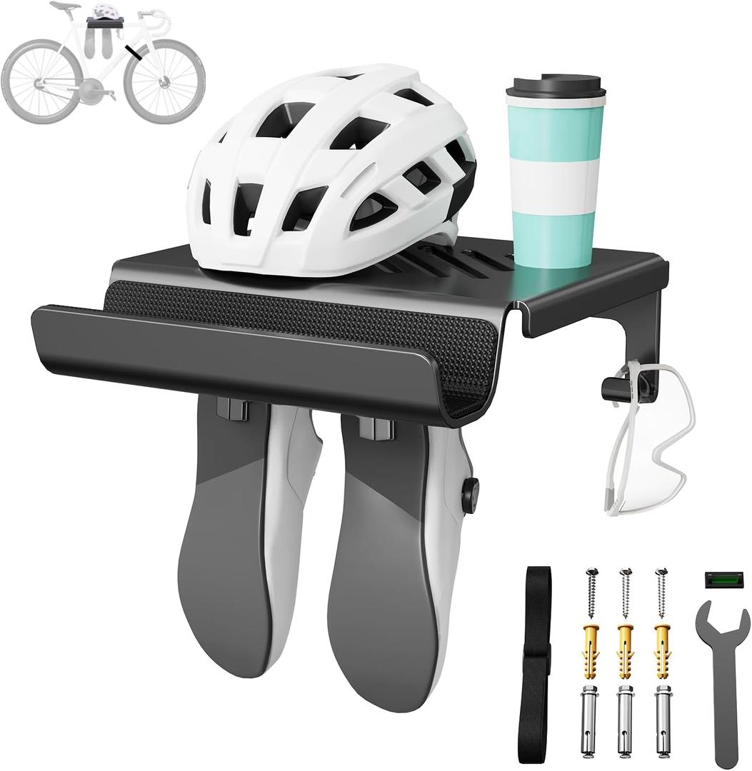 Bike Wall Mount Rack Indoor Bike Storage Garage Bike Rack Wall Mount with Shelf and Hooks Store Your Helmet and Shoes for a Single Road, Mountain or Other Bicycle (Universal Size)