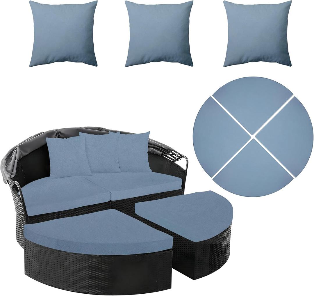 66" (66 inch) Round Daybed Cushion Cover & 3 Pillow Covers Set - Waterproof Outdoor Patio Replacement Slipcover Set for Rattan Wicker DaybedGrey Blue 4set