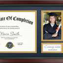 11x22 Diploma Frame with Tassel Holder, Graduate Frame for 8.5x11 Certificate Document and 4x6 Photo, Linen Texture Blue over Gold Double Mats, HD Real Glass, Mahogany with Gold Beads Embossing