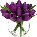 DILATATA Artificial Purple Tulips in Vase with Faux Water 6" Real Touch Flowers Fake Tulips Small Flowers Arrangement in Round Glass Vase for Mother's Day Table Centerpiece Wedding Home Decor