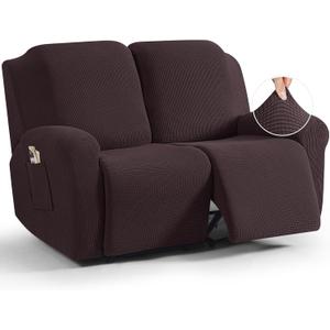 TAOCOCO Recliner Loveseat Slipcover, 6 Pieces Dual Recliner Sofa Covers for 2 Seat Dual Reclining Loveseat Couch, Stretch Soft Jacquard Pattern Furniture Protector with Elasticity (Chocolate)