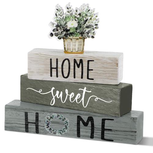 Cinnvoice 4 Pcs Farmhouse Wooden Tabletop Decor Green Eucalyptus Leaves Spring Rustic Tiered Tray Decor Home Sweet Home Table Centerpiece for Kitchen Decoration Gifts Fireplace Mantel Floating Shelf