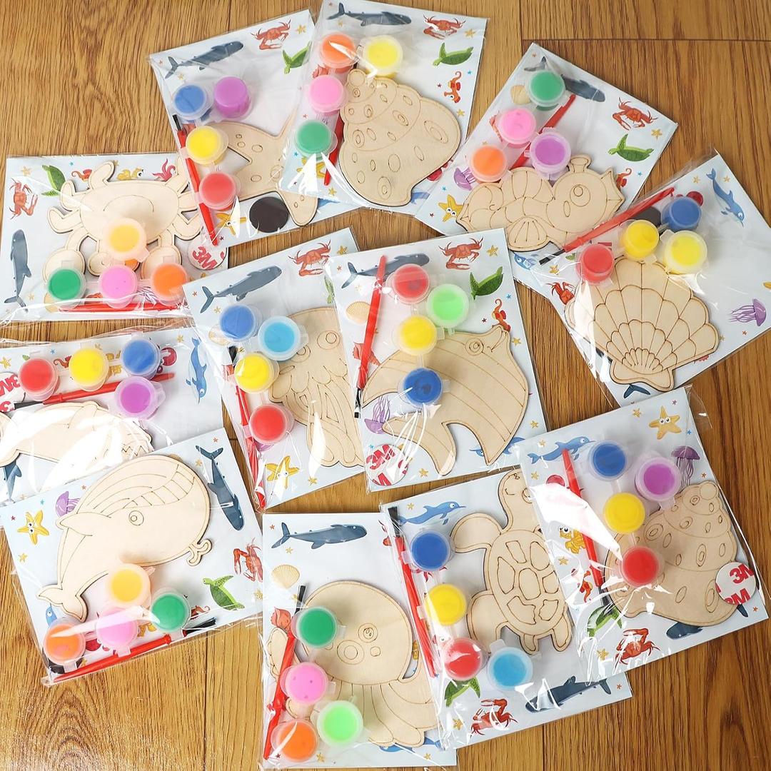 LARDUX Under The Sea Party Favors, 24PCS DIY Sea Ocean Animals Party Favors Wooden Arts & Crafts Painting Kit for Kids, Glow in The Dark Family Crafts Birthday Party Gifts Toys for Boys Girls