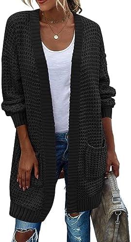 Zeagoo Women's 2025 Fall Open Front Cardigan Long Batwing Sleeve Chunky Knit Sweater Loose Outerwear Coats with Pockets, (Small, Black)