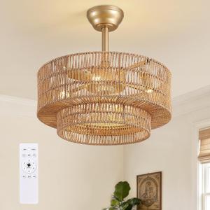 20" Boho Ceiling Fan Light and Remote, Rattan Ceiling Fan light Caged Fandelier with Lights Flush Mount, 6 Wind Speeds Enclosed Ceiling Fan for Bedroom, Living Room, Dining Room, 20in