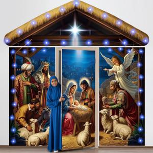 4 Pcs Nativity Christmas Door Decoration with LED String Holy Night Religious Jesus Scene Door Cover Christian Porch Banner Decor for Winter Holiday Xmas Outdoor Indoor Farmhouse Party