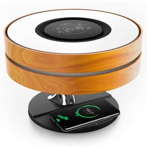 AMPULLA Masdio Horizon Bedside Lamp with 10W Wireless Charger and Bluetooth Speaker, Night Lamp Ambient Lamp with Digital Clock, Stepless Dimming and Sleep Mode for Nightstand (Wooden)