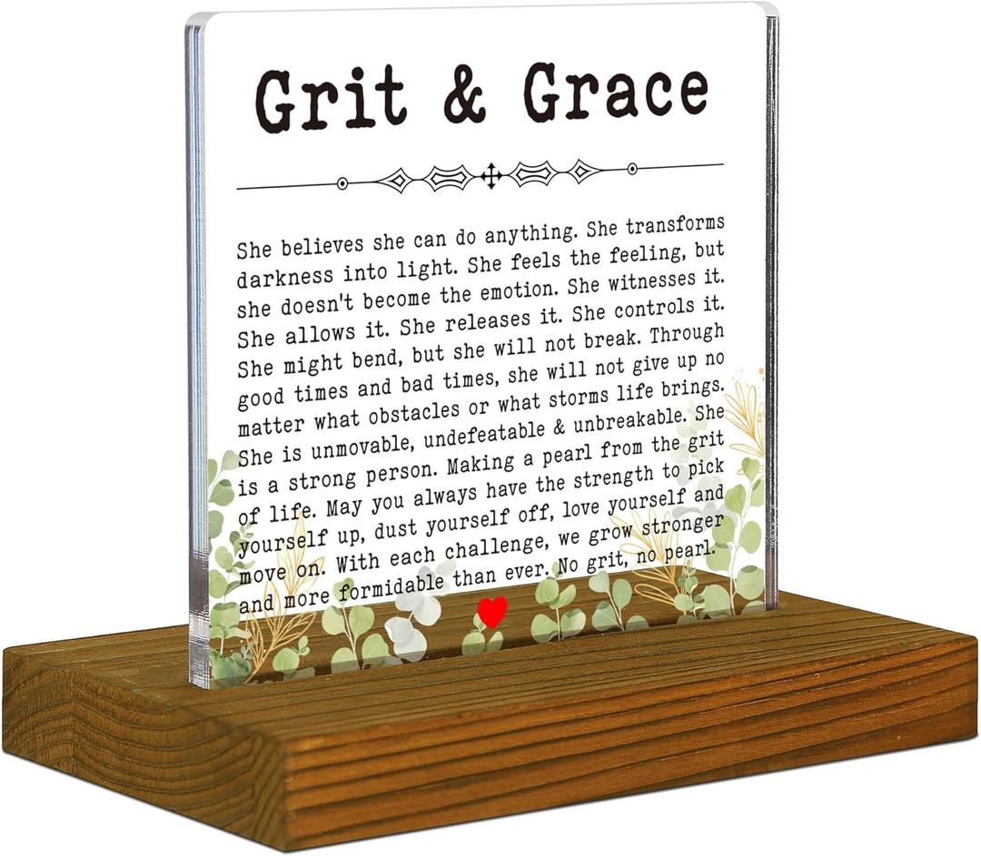 Grit and Grace Plaque for Men Women - Cheer Up, Sobriety, Recovery, Starting Over Gift - Encouragement for Friend - Acrylic Desk Sign With Wood Stand - FSA033