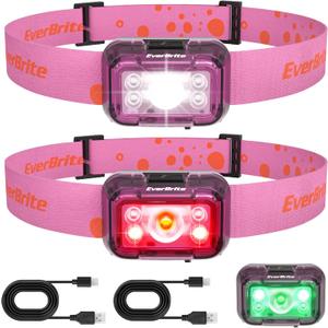 EverBrite Rechargeable Headlamp, 2 Pack Kids Headlamp with White/Red/Green Light and Memory Function, Head Lamp for Adult and Kid with 5 Modes, 120 Adjustable LED Headlamp for Camping, Running-Pink