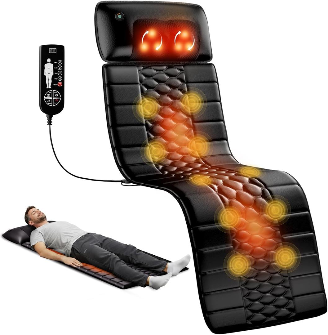 Shiatsu Full Body Massage Mat with Heat, Detachable Massager Pad, 10 Vibrating Motors, 9 Intensity Levels, Deep Tissue Pain Relief for Back, Neck & Legs  Relaxation at Home or Office