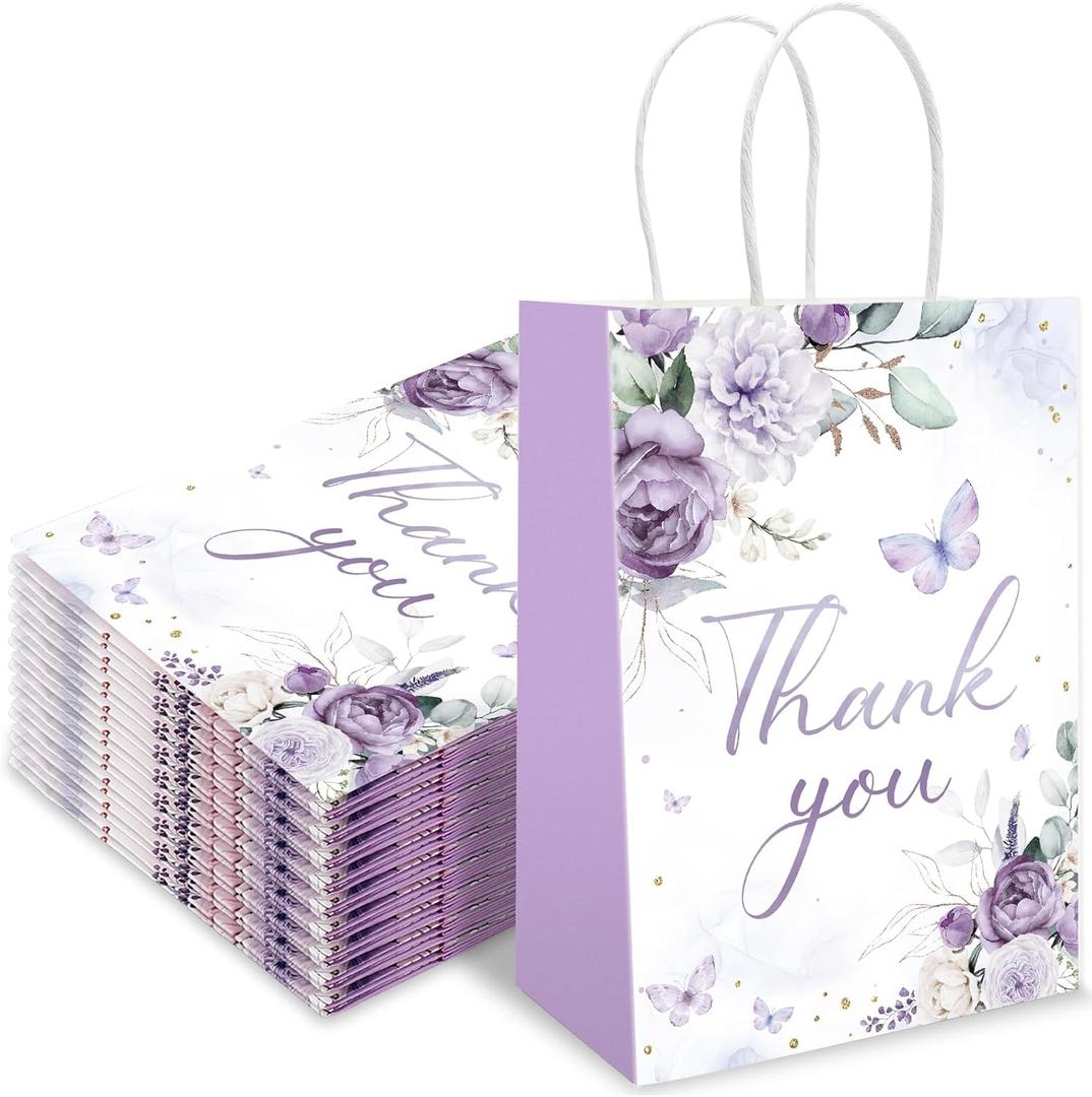 FYSUIMU 24pcs Purple Floral Thank You Paper Gift Bags Spring Flower Butterfly Party Favor Bags with Handle Treat Goodie Candy Bag for Wedding Bridal Shower Birthday Baby Shower, 5.9 x 8.3 x 3.1 Inch