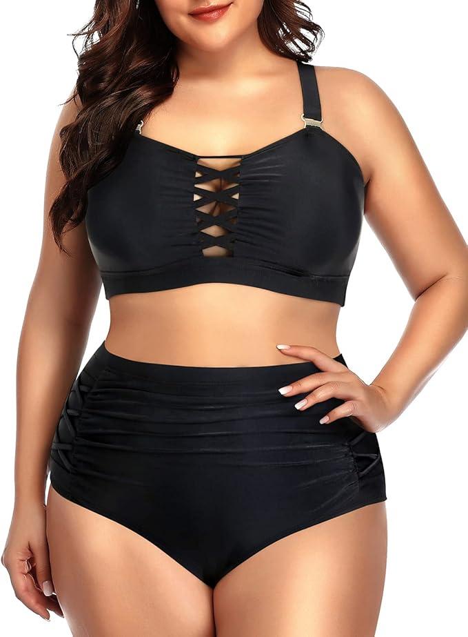 Daci Women Plus Size Two Piece Bikini Swimsuit High Waisted Tummy Control Bottom Bandeau Lace Up Bathing Suit XL