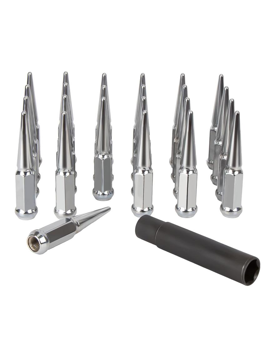 M14x1.5 Spike Lug Nuts Chevy Silverado 6 Lug, 24pcs 4.4" Tall Chrome Spiked Lug Nut 6x5.5 Conical Bulge Seat with 1 Socket Key Compatible with Chevy Silverado, GMC Sierra, Ford F150, Ram 1500