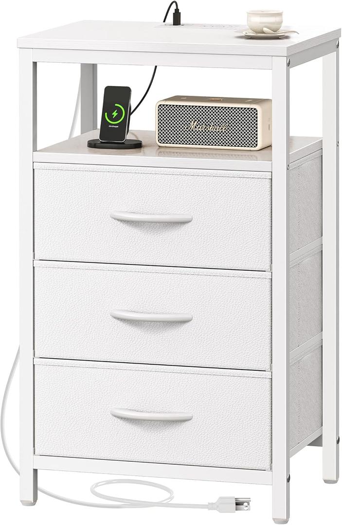 Huuger Nightstand with Charging Station, 27.6 Inch Side Table with Drawers, PU Leather Finish, End Table Bedside Table with USB Ports and Outlets, Night Stand for Bedroom, White