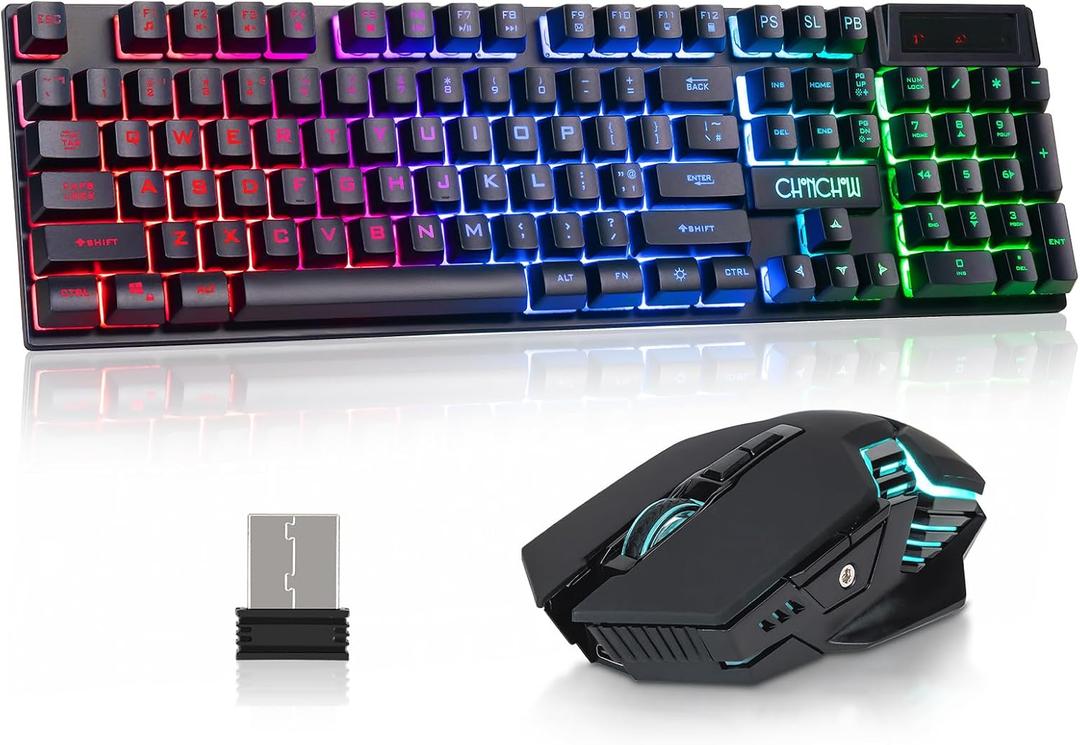 CHONCHOW USB Wireless Gaming Keyboard and Mouse Combo, LED Backlit Ergonomic Mechanical Feeling Keyboard, Rechargeable 2500mAh Battery, Anti-ghosting Keyboards 7D 3600DPI Mice for PC Gamer