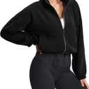 THE GYM PEOPLE Women's Fleece Cropped Jacket Full Zip Stand Collar Workout Short Sherpa Coats with Pockets Drawstring Hem, Medium, Black