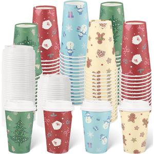 60Pcs Christmas Disposable Coffee Cups with Lids, 16 oz Christmas Hot Cups 4 Various Xmas Designs Holiday To Go Cup for Cocoa Chocolate Xmas Dinner Party