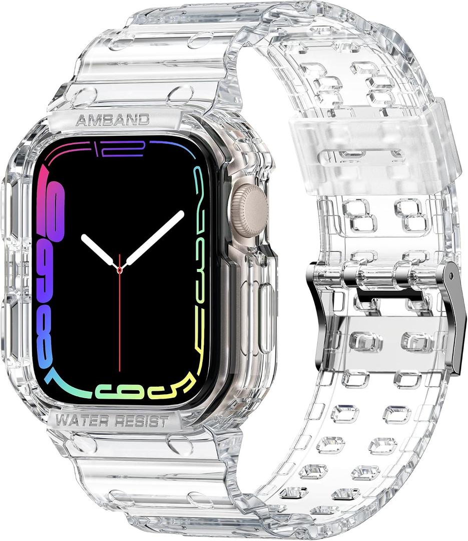 amBand Compatible for Apple Watch Band 45mm 44mm 42mm with Bumper Case, Crystal Cute Women Strap for iWatch SE(3/2/1) Series 9 8 7 6 5 4 3 2, Sport Transparent Jelly Protective Cases Protector, Clear