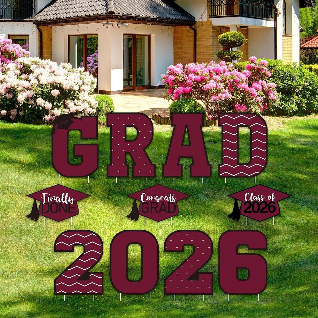Tatuo 11 Pcs Graduation Yard Sign Decorations Class of 2026 Congrats Graduation Lawn Signs Grad Yard with 23 Stakes for High School College Outdoor Party Supplies(Maroon,Simple Style)