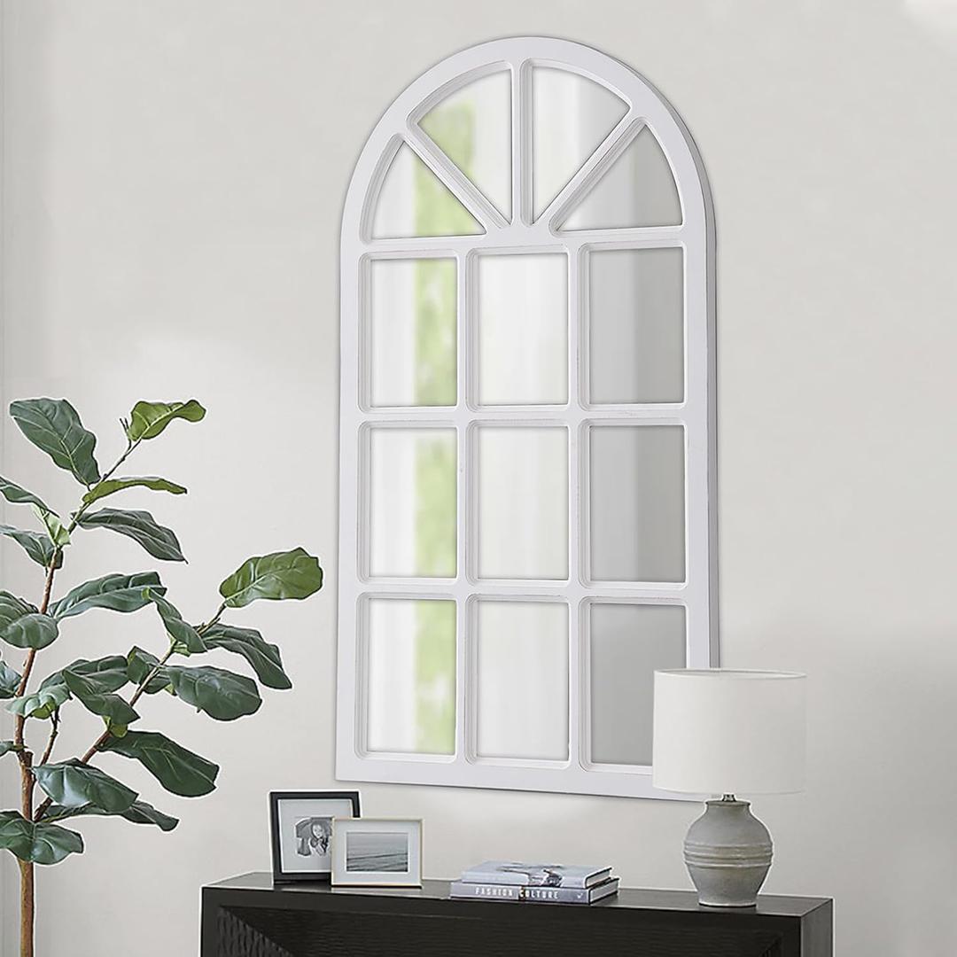Rustic Arched Window Pane Mirror 20 X 36 Inch, Hanging Distressed White Window Mirrors for Wall Decor, Farmhouse Cathedral Wooden Wall Mirror for Living Room Bedroom Fireplace Hallway