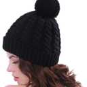 Women's Winter Beanie Warm Fleece Lining - Thick Slouchy Cable Knit Skull Hat Ski Cap (Black)