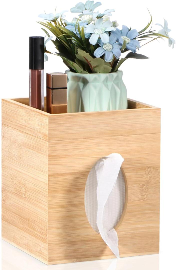 Tissue Box Cover, Bamboo Tissue Box Cover with Storage Tray Square Tissue Box Covers Holder for Bathroom, Bedroom, Dinner Table, Office, Tabletop 6" x 6" x 7.4"