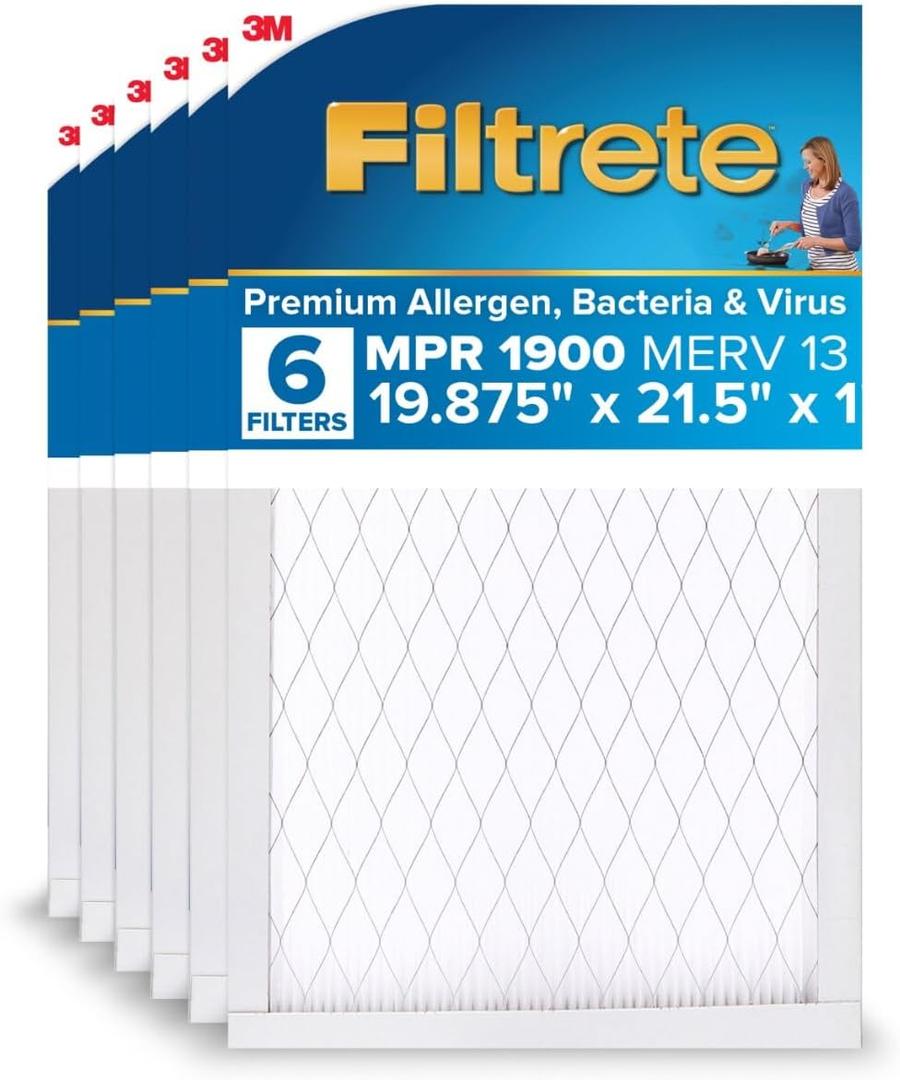 Filtrete 19.875x21x1 AC Furnace Air Filter, MERV 13, MPR 1900, Premium Allergen, Bacteria & Virus Filter, 3-Month Pleated 1-Inch Electrostatic Air Cleaning Filter, Pack of 6