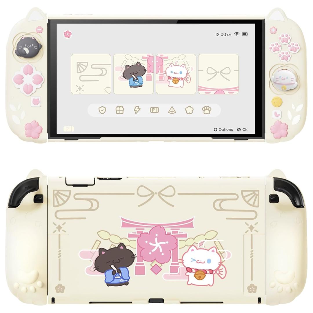 PlayVital Cherry Blossoms Kitten Protective Case for Nintendo Switch 2 with Stand | Cute Cat Ear & Paw Silicone Grips, Dockable Hard Shell, 2 Joystick Caps | Full-Body Protection Cover, Antique Yellow