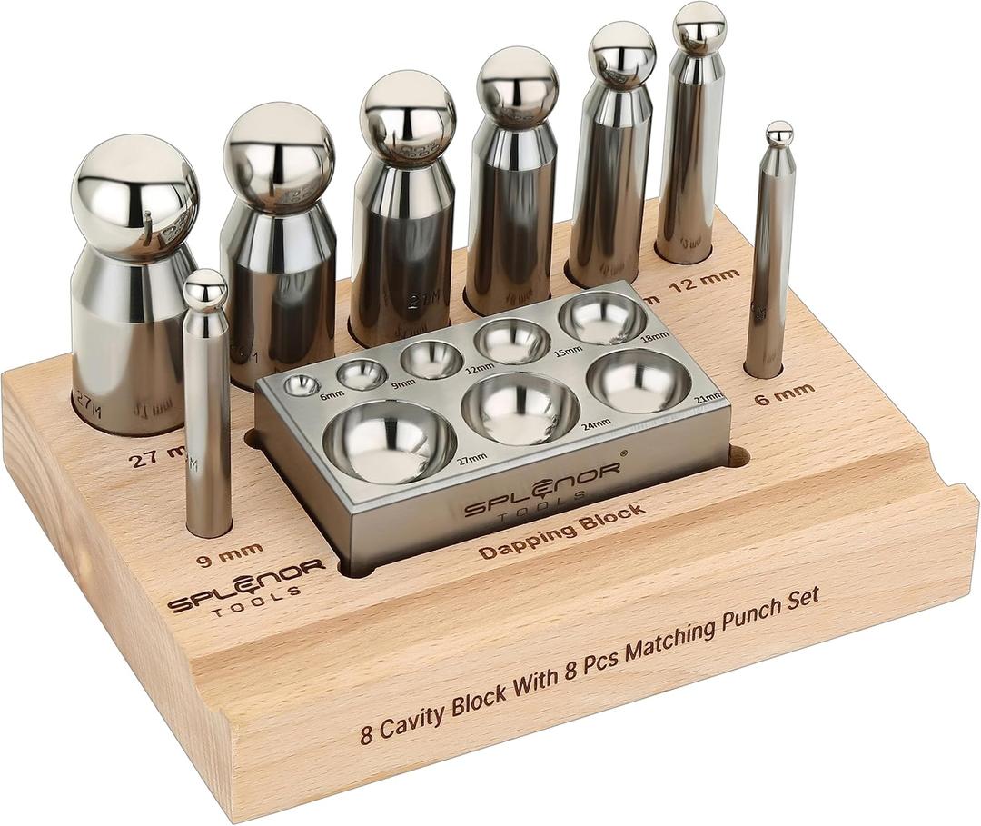 Splenor Tools Steel 8 Hole Dapping Doming Block and 8 Matching Punch Set - for Jewelry Making - Metal Forming Die - Shaping Tools